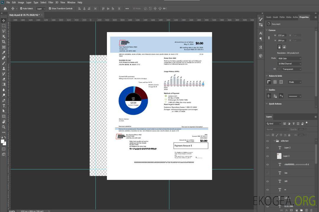 Modèle de facture de services publics d'électricité des États-Unis, Indiana, aux formats Word et PDF template